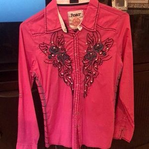 Roar button down top